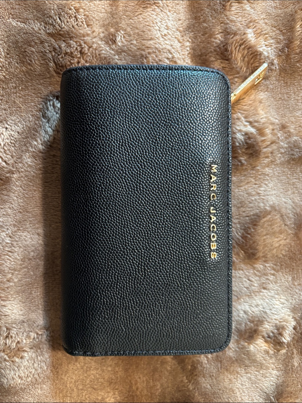 Marc Jacobs Black Pebbled Zip Wallet with Gold Logo